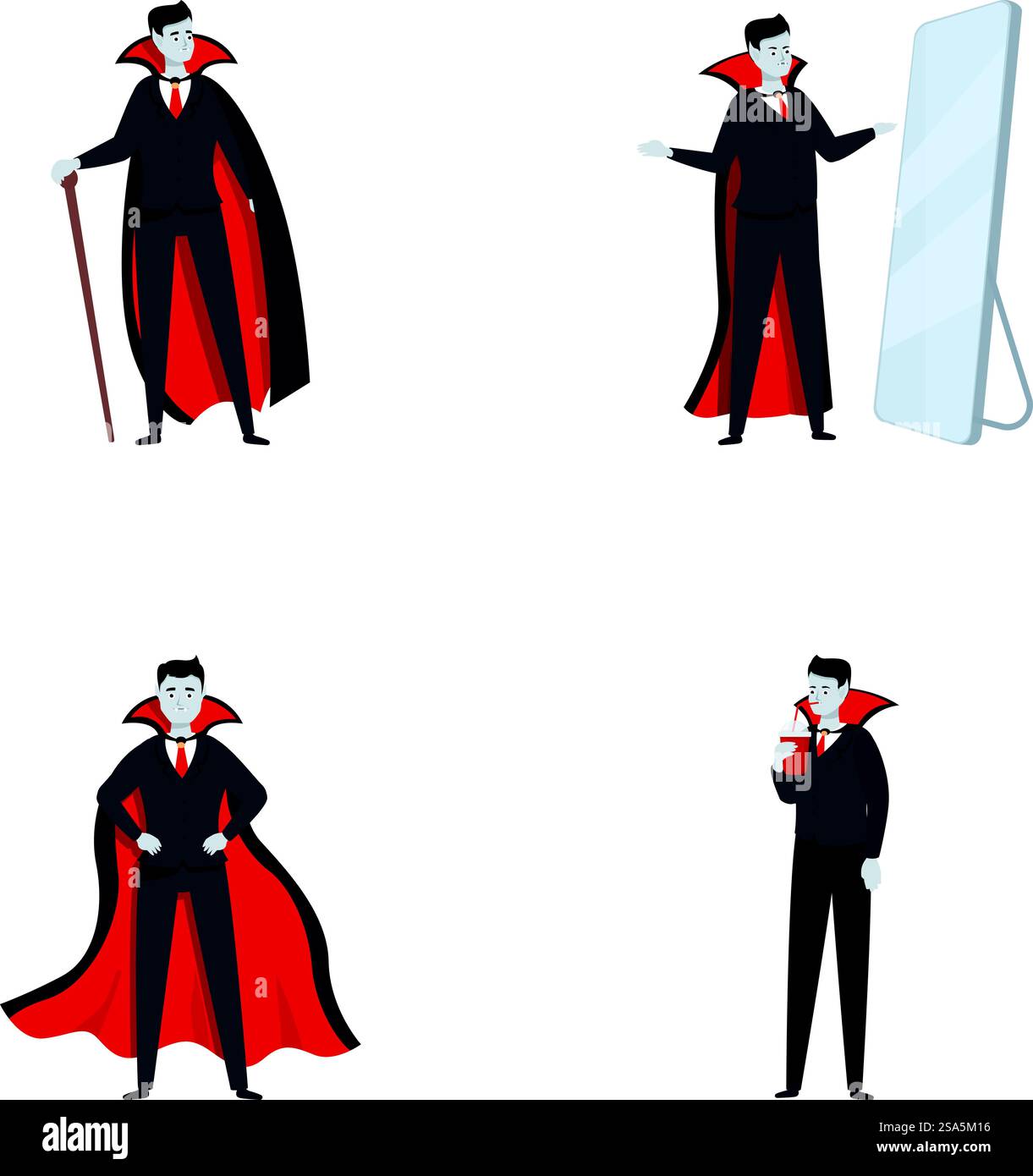 Set di quattro eleganti illustrazioni di vampiri in varie pose, perfette per disegni a tema alloweenthemed. Diversi personaggi vampiri mettono in posa la collezione Illustrazione Vettoriale
