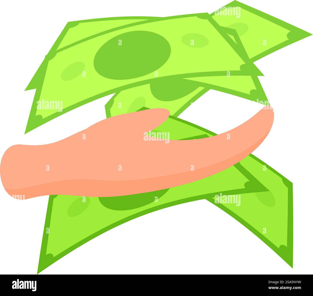 Hand ha una pila di soldi, che rappresenta concetti come pagamento, stipendio e finanza. Mano che tiene una pila di denaro, contanti per il pagamento, ottenere stipendi, finanza e concetto di valuta Illustrazione Vettoriale