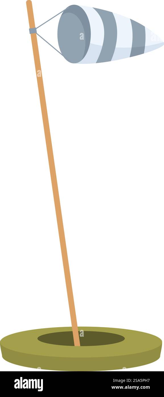 Semplice calotta a vento che indica la direzione e la velocità del vento per decolli e atterraggi sicuri. Windsock in piedi sul campo di aviazione segnalando la direzione e la velocità del vento Illustrazione Vettoriale