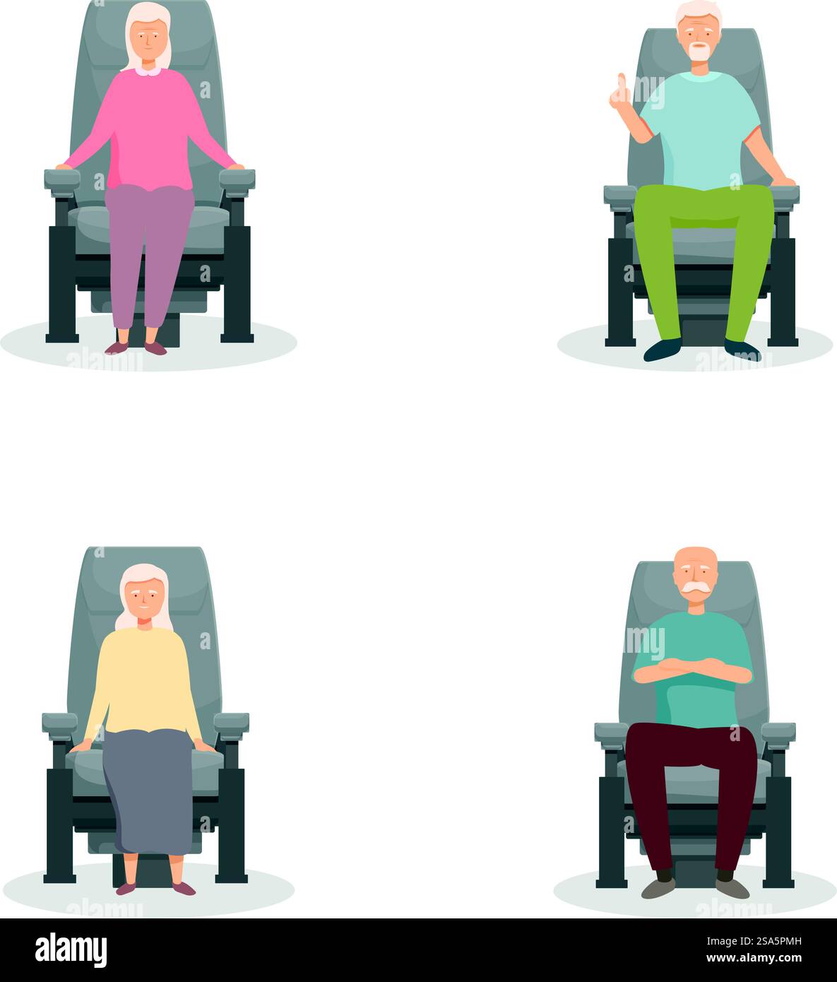 Illustrazioni di uomini e donne anziani seduti tranquillamente su sedie, raffiguranti varie pose rilassate. Anziani seduti su sedie vettoriali Illustrazione Vettoriale