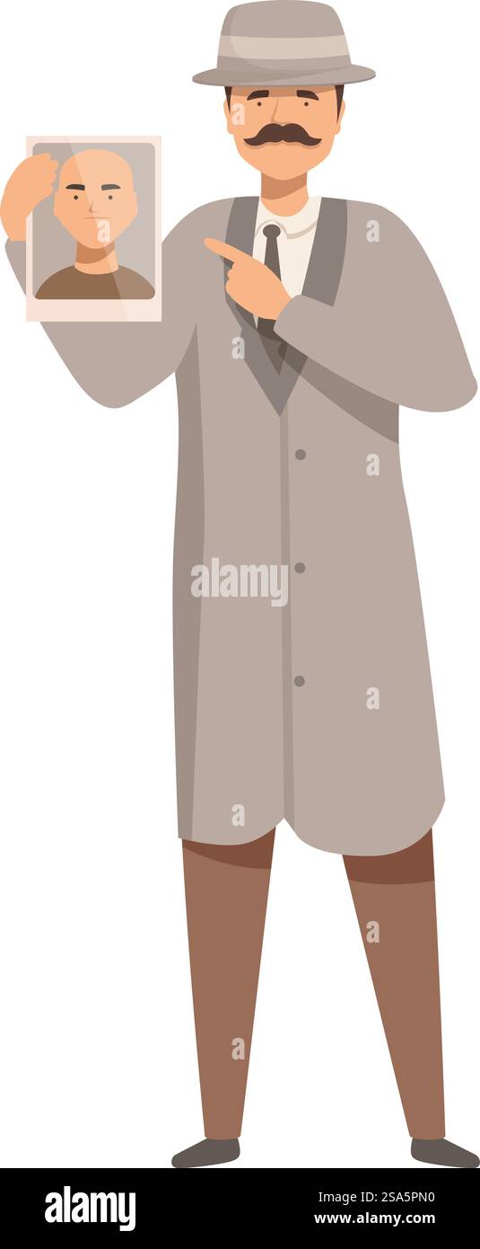 Il detective che indossa il trench coat e il cappello tiene in mano la foto del sospetto e la punta con il dito. Detective che tiene una foto del sospetto e la punta con il dito Illustrazione Vettoriale