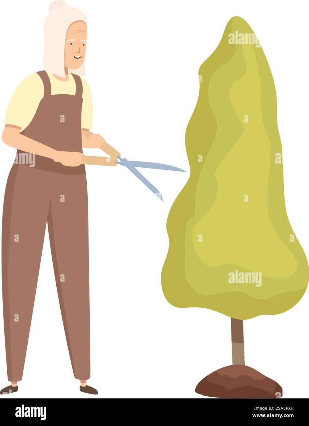 Donna anziana giardiniere che si prende cura di un albero, rifilando i suoi rami con le forbici. Donna anziana giardiniere che taglia un albero con le forbici Illustrazione Vettoriale