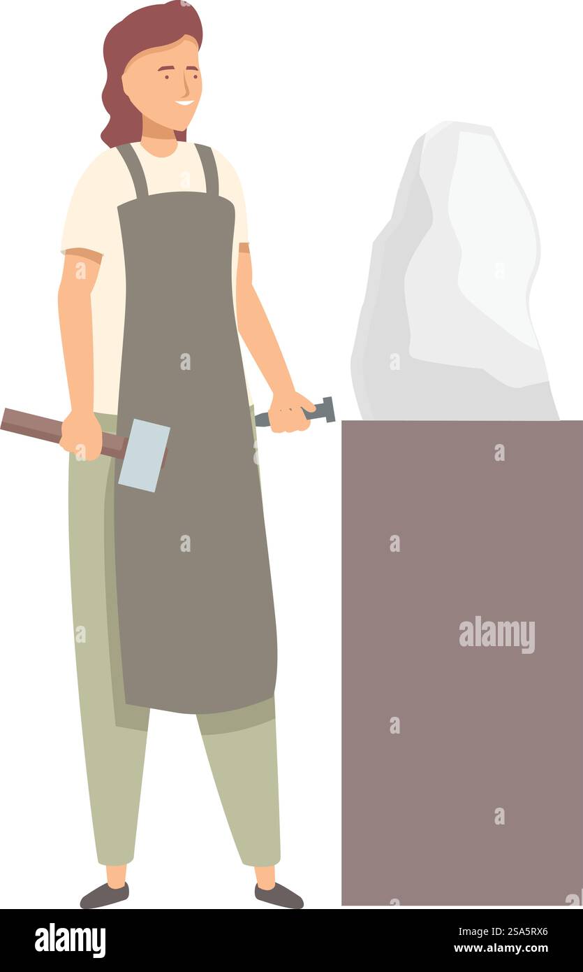 Scultrice donna che indossa un grembiule che regge martello e scalpello che lavora su un blocco di pietra. Scultrice che tiene in mano martello e scalpello per creare sculture in pietra Illustrazione Vettoriale