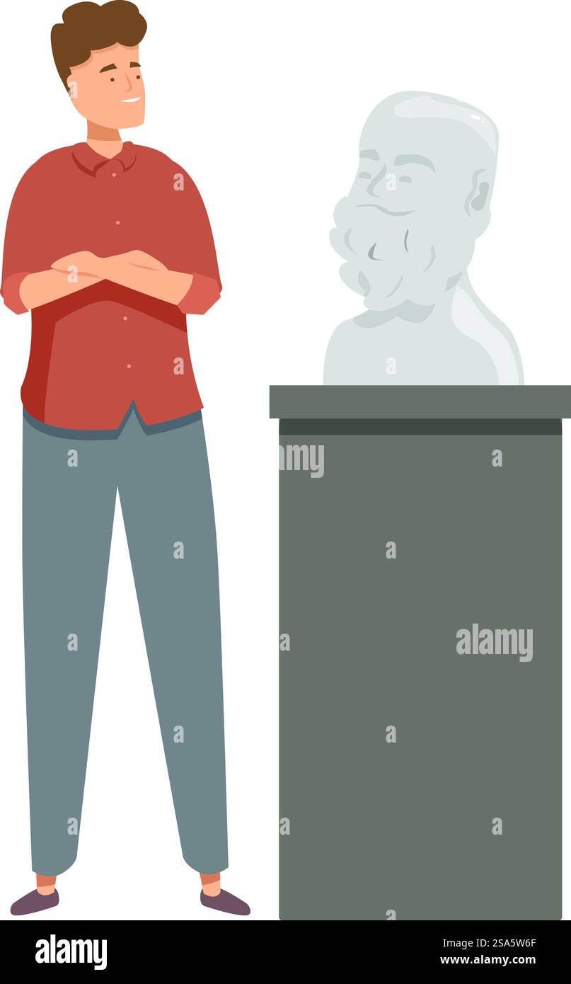 Il giovane ammira una scultura di busto dell'antico filosofo greco socrate, esposta su un piedistallo. Amante dell'arte che contempla la scultura di socrate in mostra al museo Illustrazione Vettoriale