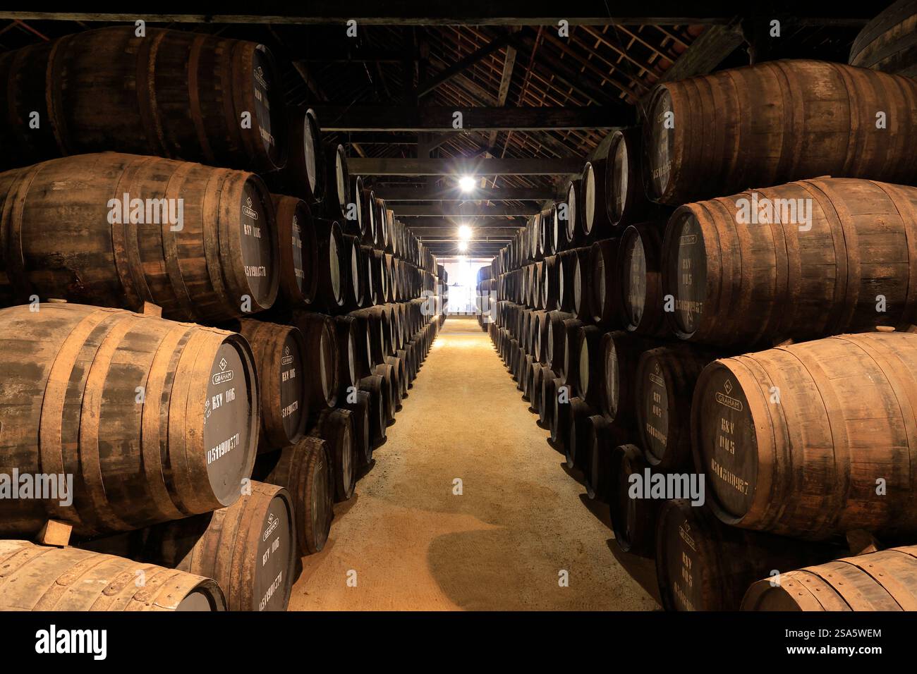 Invecchiamento del vino di porto nella grande botte del Graham's Port Lodge. Porto. Portogallo Foto Stock