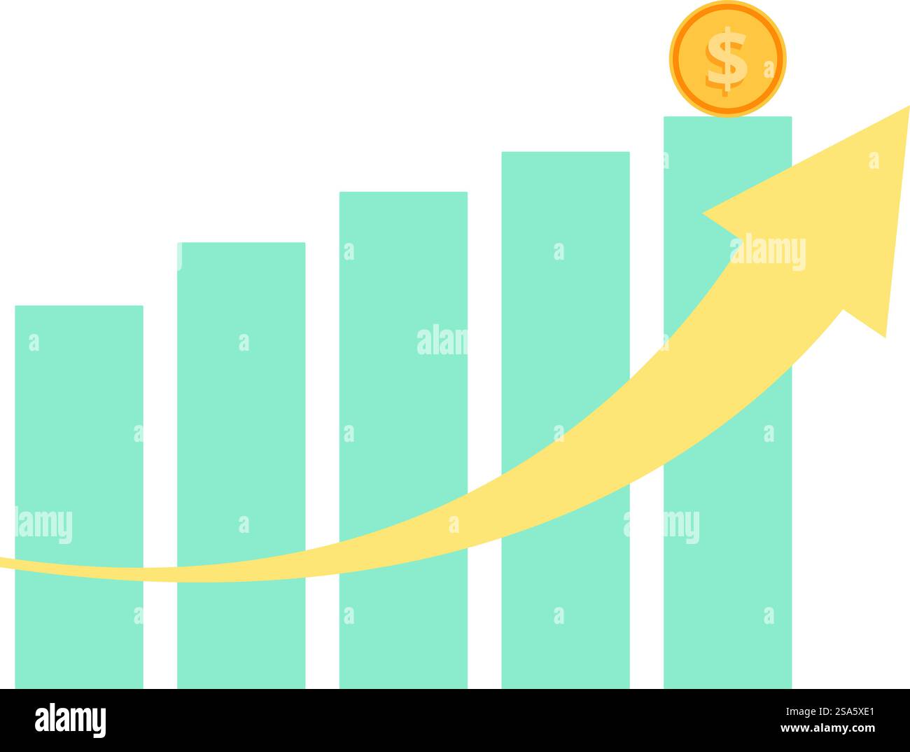 Il grafico a barre mostra un aumento dei profitti con la freccia rivolta verso l'alto e la moneta d'oro. Grafico a barre che mostra l'aumento del profitto con freccia rivolta verso l'alto e moneta d'oro Illustrazione Vettoriale