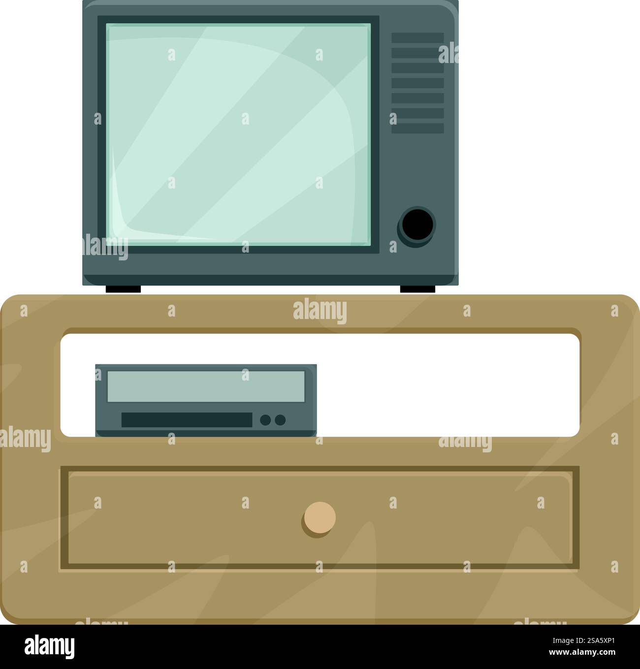 tv vecchio stile su un piedistallo tv in legno con lettore vhs all'interno. Vecchio televisore in piedi su un piedistallo tv in legno con lettore vhs Illustrazione Vettoriale