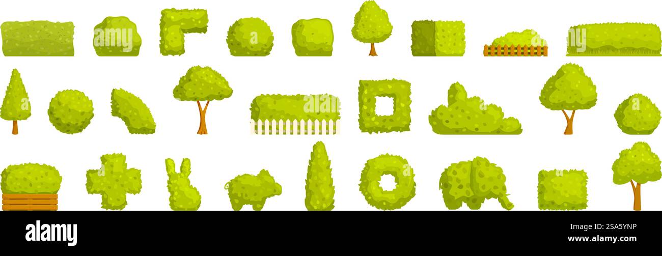 Set di icone Hedge. Giardiniere che disegna uno splendido spazio verde con arbusti decorativi, topiari e siepi. Set di icone Hedge. Set di elementi isolati per la sistemazione di un giardino o di un parco Illustrazione Vettoriale