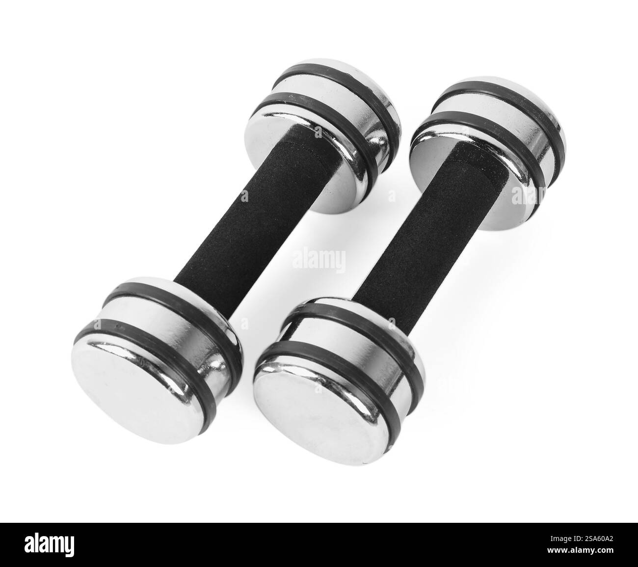 Due manubri isolati su bianco. Attrezzature sportive Foto Stock