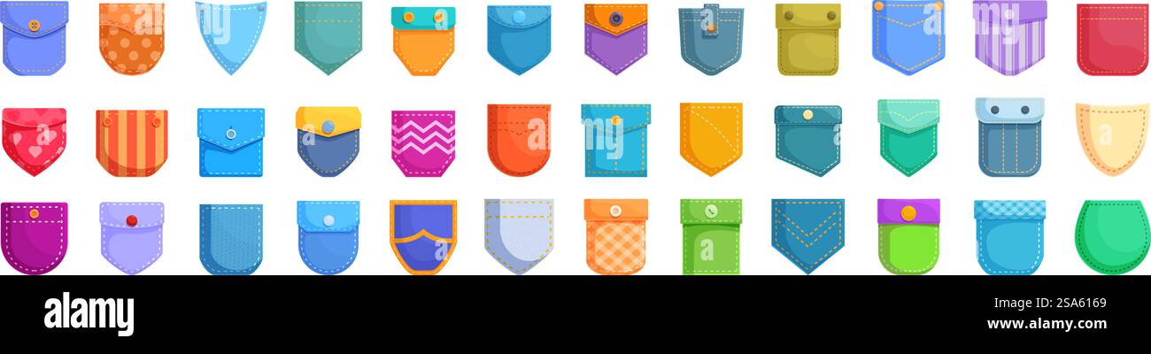 Set di icone degli scomparti patch. Grande set di varie tasche colorate con bottoni e cuciture per sarti e stilisti di abbigliamento. Set di icone degli scomparti patch. Ampia serie di tasche colorate per sarti e stilisti di abbigliamento Illustrazione Vettoriale