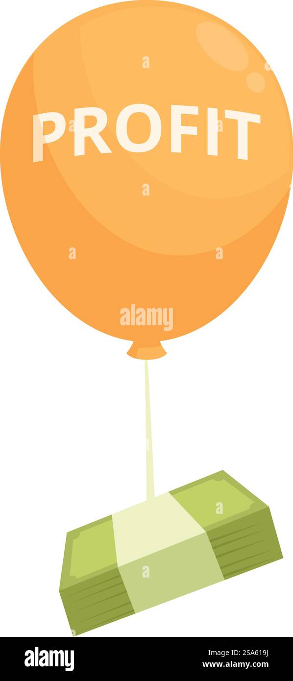 Un mucchio di soldi sta volando via legato a un pallone che ha la parola profitto. La mongolfiera del denaro sta volando via, rappresentando una perdita di profitto Illustrazione Vettoriale