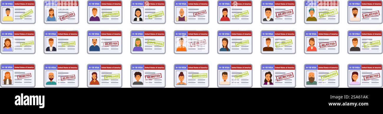 set di icone h1b. Illustrazione che raffigura una collezione di carte di visto degli stati uniti, alcune contrassegnate come approvate e altre come rifiutate, a simboleggiare la complessità dell'immigrazione. set di icone h1b. Molte carte di visto per noi con status approvato e rifiutato che mostrano problemi di immigrazione Illustrazione Vettoriale