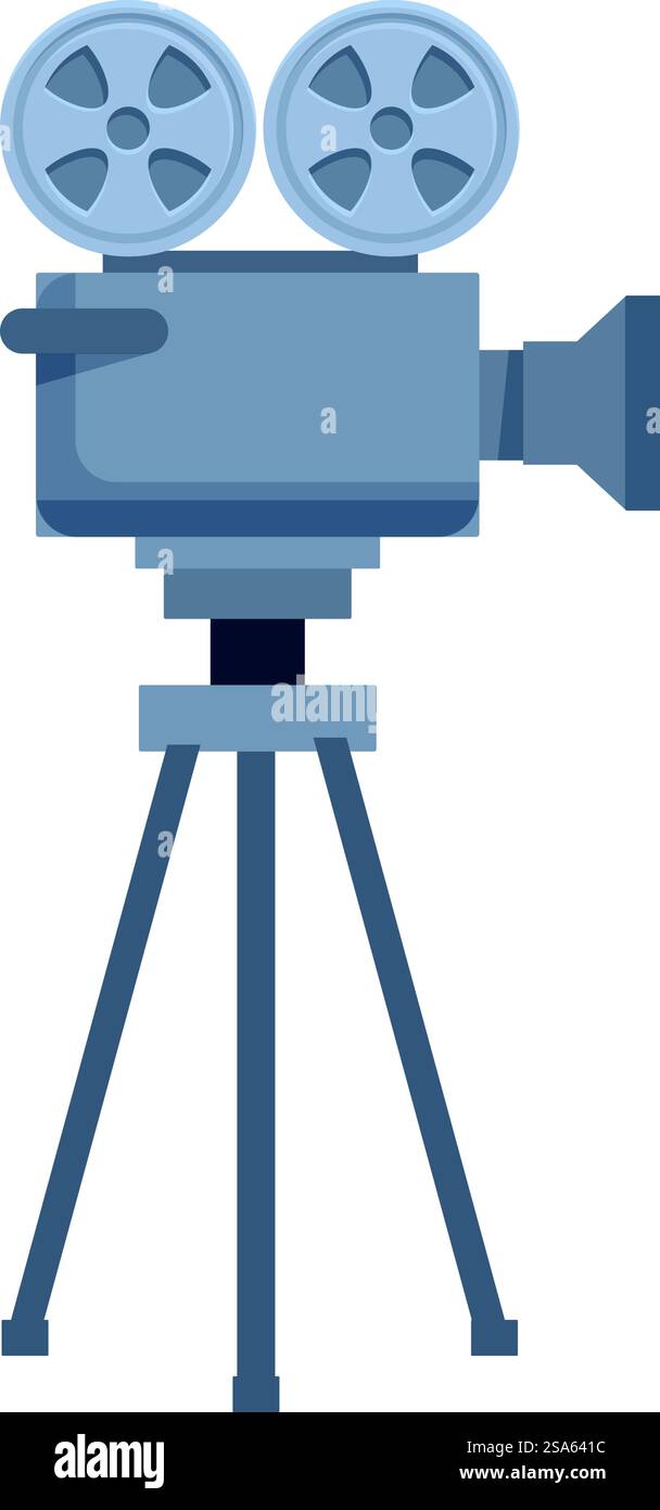 La videocamera d'epoca posizionata su un cavalletto è pronta per la ripresa sul set. Videocamera d'epoca in piedi su un cavalletto per la ripresa di un set cinematografico in stile retrò Illustrazione Vettoriale