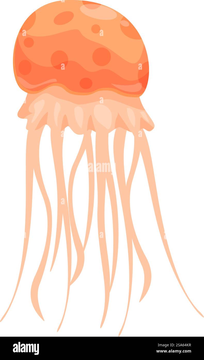 Le meduse arancioni nuotano nell'acqua, i suoi tentacoli fluttuano graziosamente dietro di essa. Meduse arancioni che nuotano con tentacoli che galleggiano nell'acqua Illustrazione Vettoriale