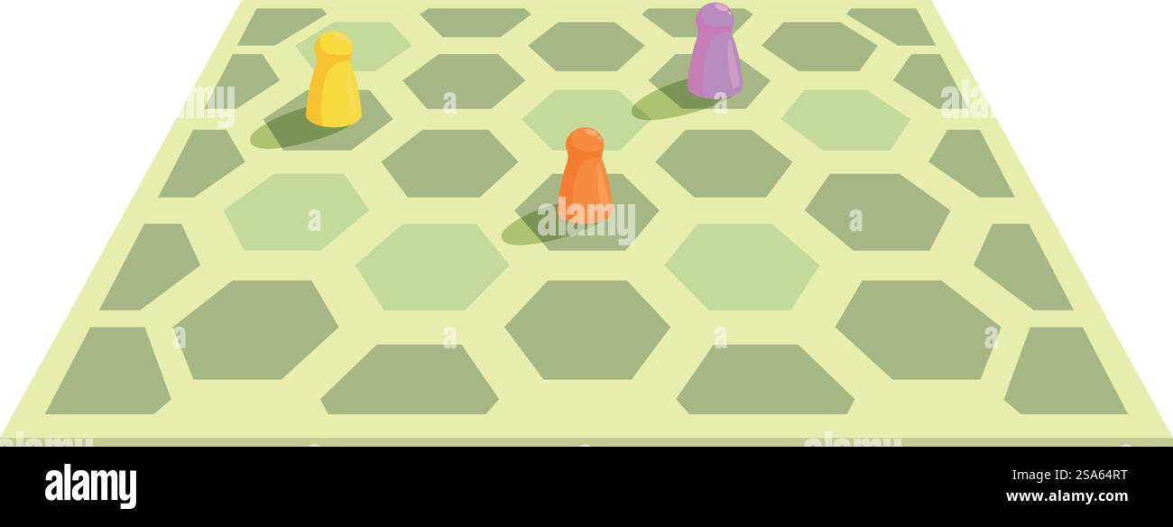 Coloratissimi pezzi di gioco in piedi su un gioco da tavolo esagonale, che illustrano la strategia e il processo decisionale. Gioco da tavolo con pedine colorate su griglia esagonale Illustrazione Vettoriale