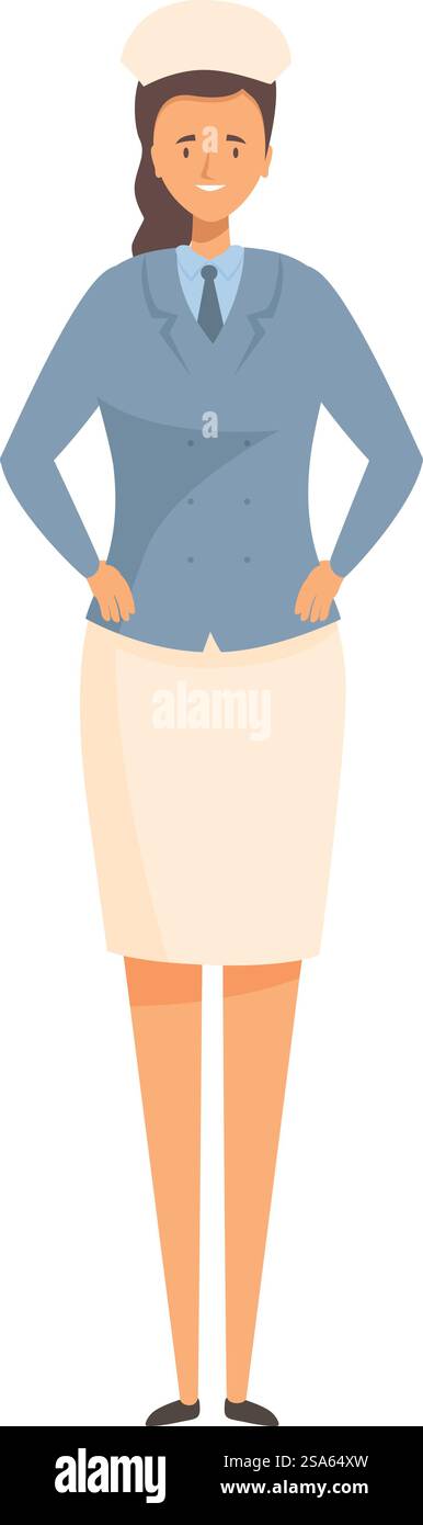 Donna sorridente del personale dell'hotel in piedi in uniforme con le mani sui fianchi. Donna del personale dell'hotel sorridente e in piedi in uniforme Illustrazione Vettoriale