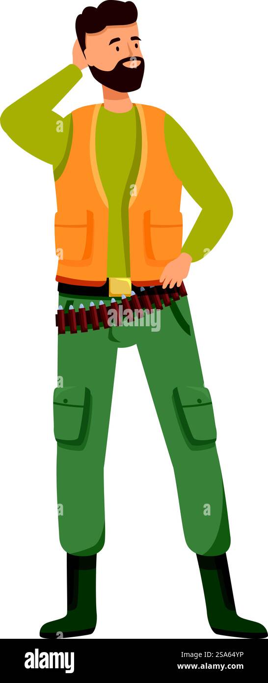 Hunter con la barba che si gratta la testa mentre si prepara per una battuta di caccia. Hunter che indossa il giubbotto arancione che tiene la testa pensando alla battuta di caccia Illustrazione Vettoriale