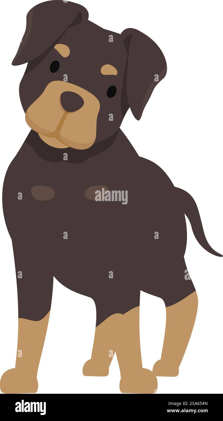 Illustrazione di un rottweiler in piedi e con un aspetto curioso, isolato su sfondo bianco. Grazioso rottweiler in piedi e dall'aspetto curioso Illustrazione Vettoriale
