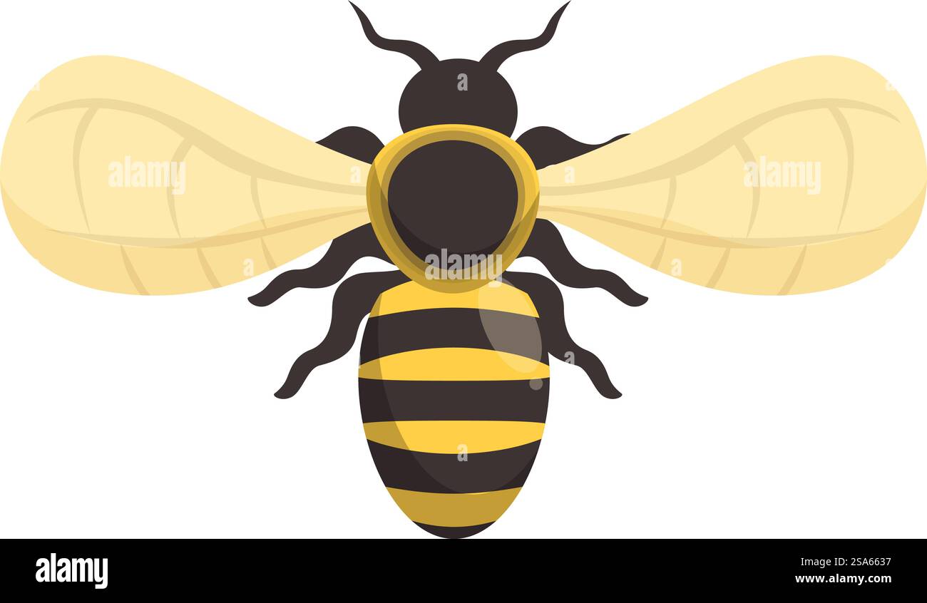 Un'ape cartoni animati con strisce nere e gialle sta spargendo le ali e volando. Simpatico cartoni animati che spalanca le ali e vola Illustrazione Vettoriale