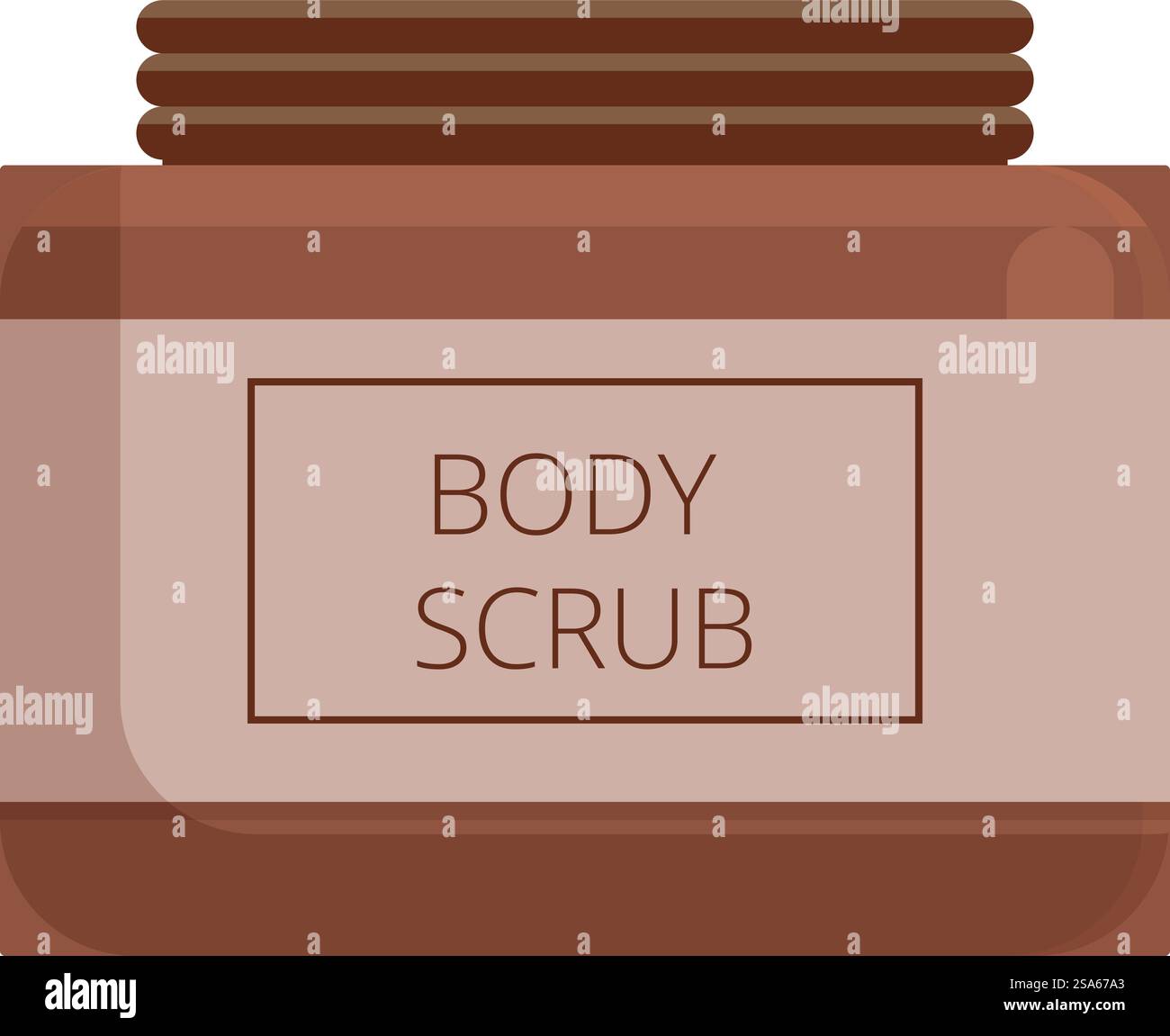 Lo scrub marrone per il corpo in un contenitore di vetro con coperchio in legno è un concetto relativo alla cura di sé e al trattamento del corpo. Scrub corpo marrone con coperchio in legno su sfondo bianco Illustrazione Vettoriale