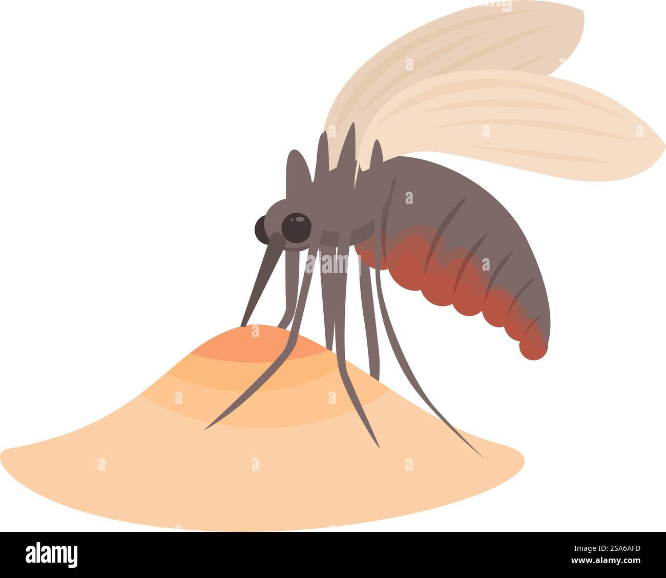 Zanzara che succhia sangue sulla pelle umana, causando macchie rosse e diffondendo la malaria. Zanzara che diffonde la malattia della malaria mordendo la pelle Illustrazione Vettoriale