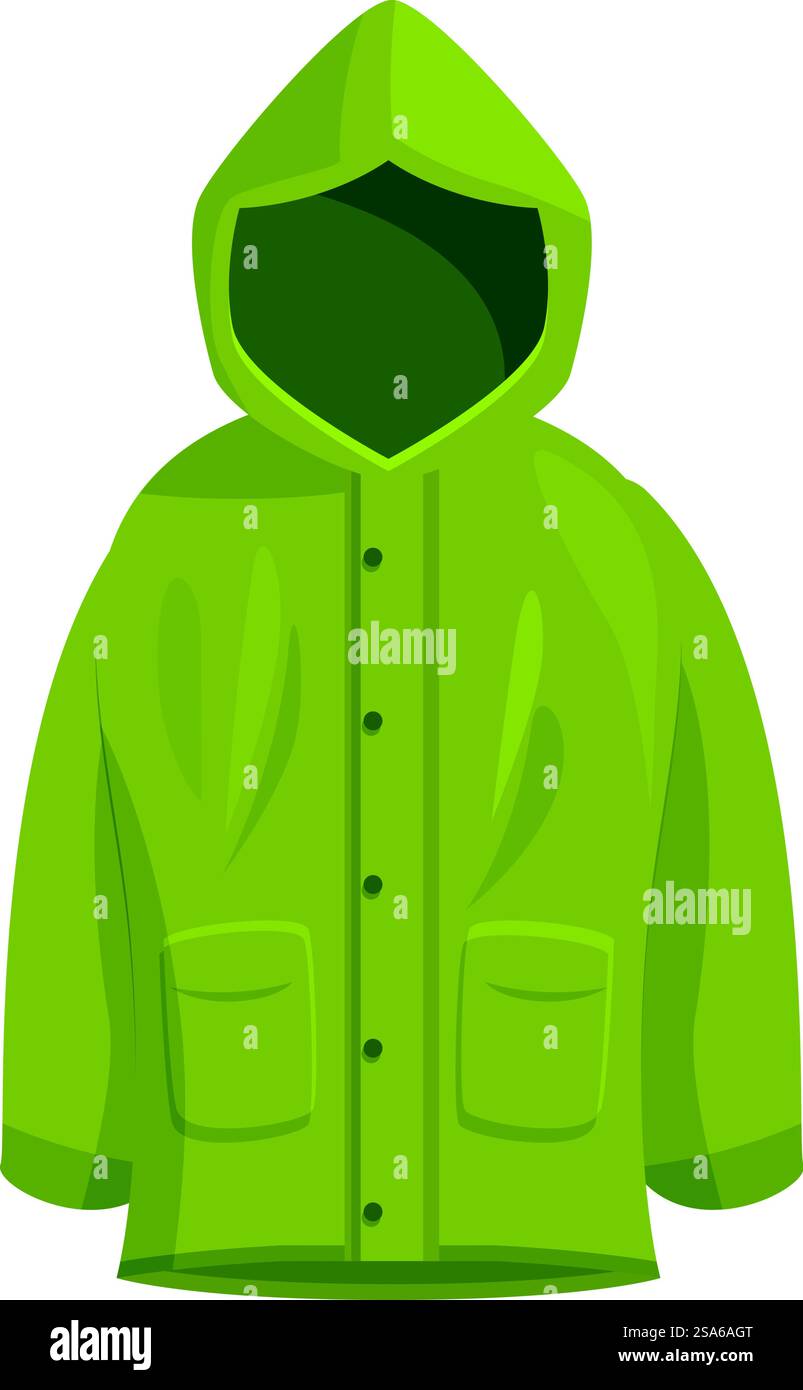 Impermeabile verde con cappuccio, per una pelle asciutta e confortevole durante le piogge. Impermeabile verde che protegge da freddo e pioggia Illustrazione Vettoriale