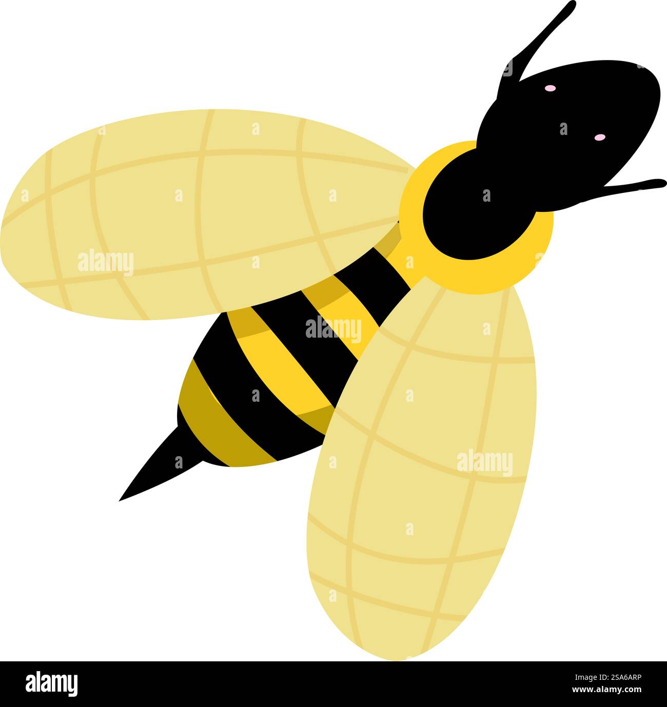 Allegra ape cartoni animati con strisce nere e gialle che sbattono le ali. Simpatico cartoni animati che vola e ronza felicemente Illustrazione Vettoriale