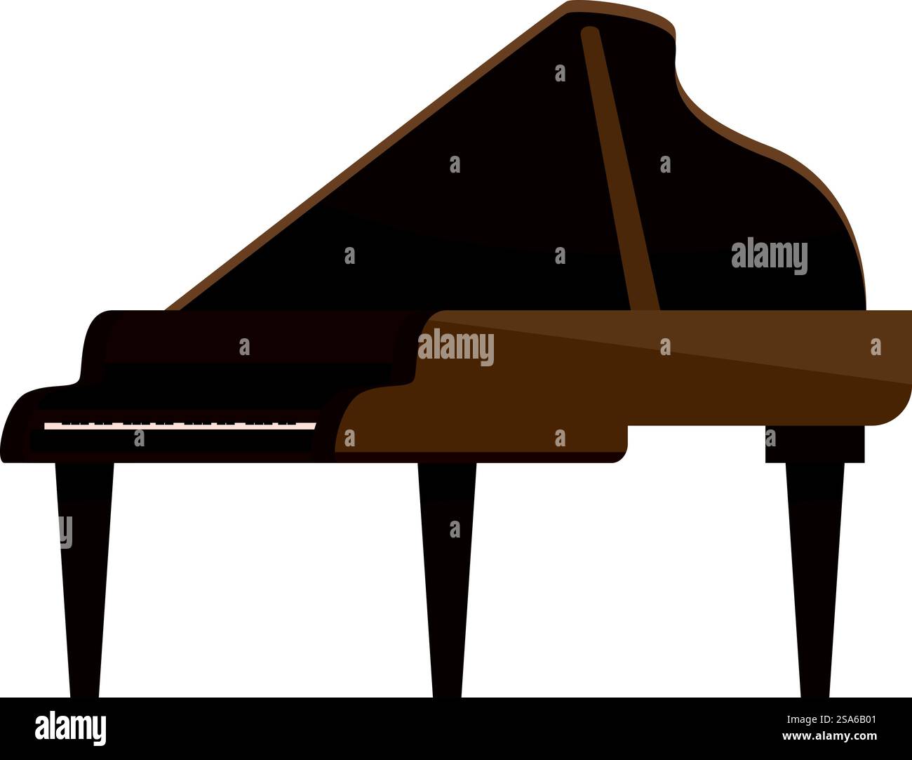 Pianoforte a coda marrone in piedi su tre gambe, con il coperchio superiore sollevato, pronto per un musicista a suonare. Pianoforte a coda marrone con coperchio aperto Illustrazione Vettoriale