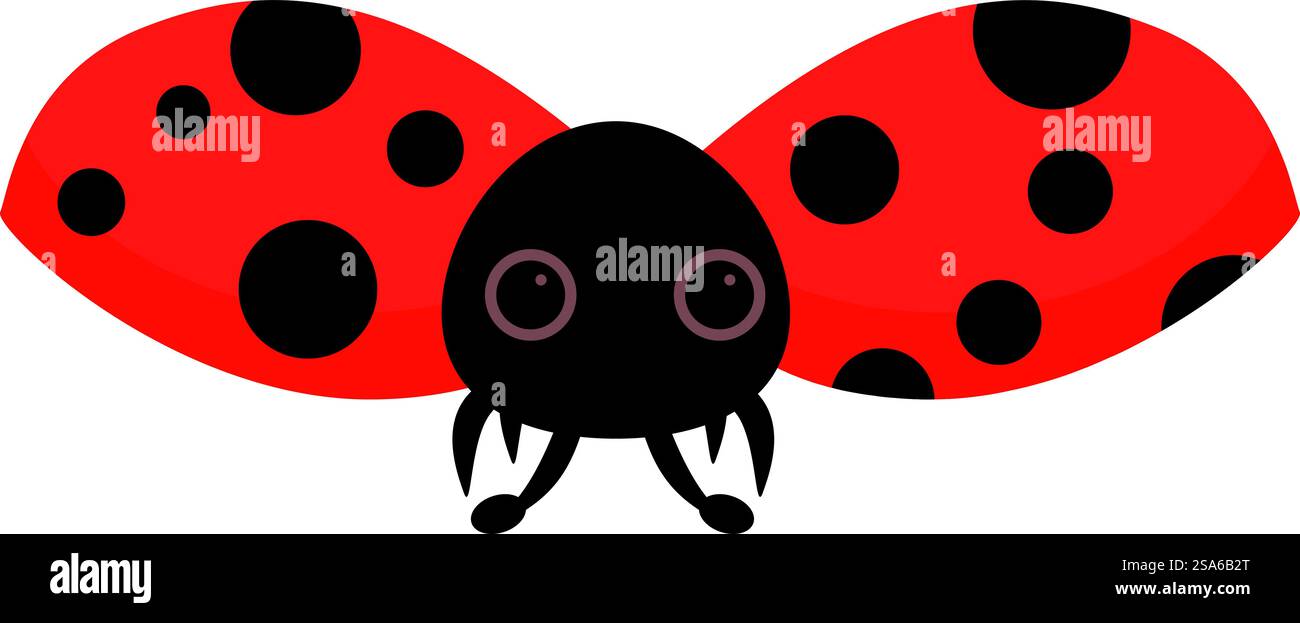 Coccinella dei cartoni animati con ali rosse e macchie nere che aprono le ali per prepararsi a volare. Simpatico coccinello che apre le ali e si prepara a volare Illustrazione Vettoriale