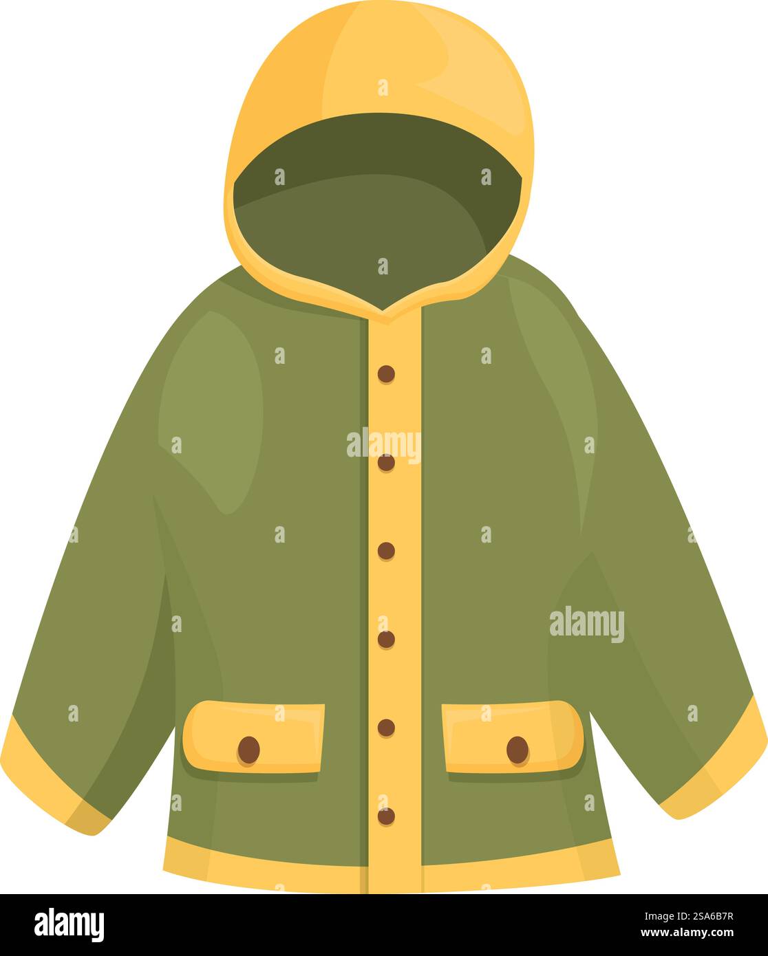 Impermeabile verde con cappuccio giallo che protegge da freddo e pioggia, perfetto per escursioni e attività all'aperto. Impermeabile verde che protegge dalle tempeste Illustrazione Vettoriale