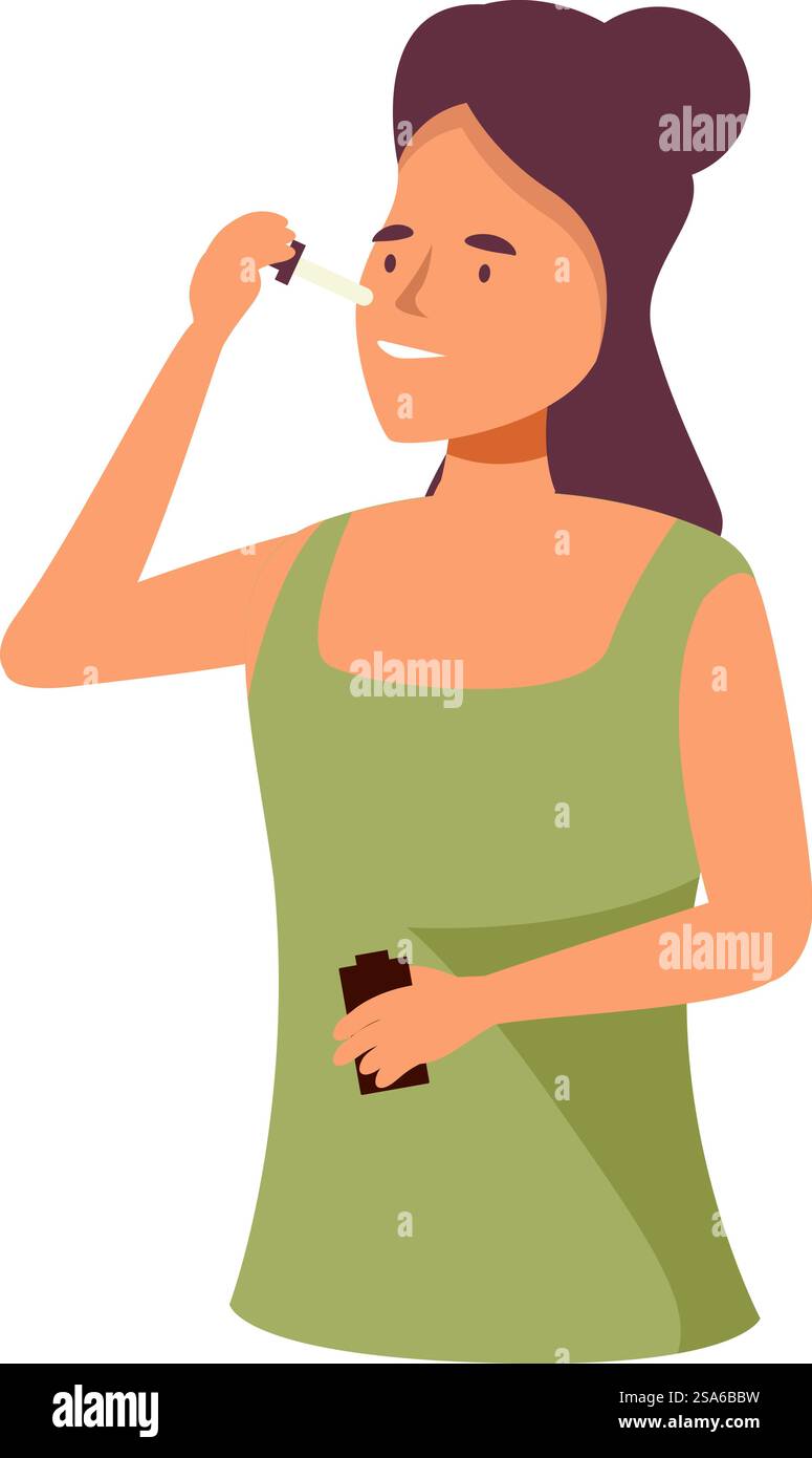La giovane donna sta applicando con attenzione l'olio essenziale sul viso, adottando un approccio naturale alla cura della pelle. Giovane donna che le applica olio essenziale sul viso Illustrazione Vettoriale