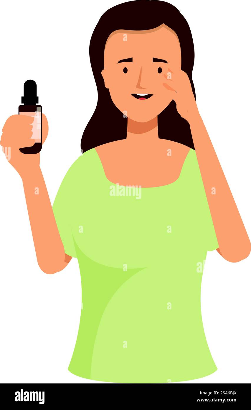 La giovane donna tiene in mano una bottiglia di olio essenziale e la applica al viso, promuovendo la cura della pelle naturale e uno stile di vita sano. Giovane donna che le applica olio essenziale sul viso Illustrazione Vettoriale