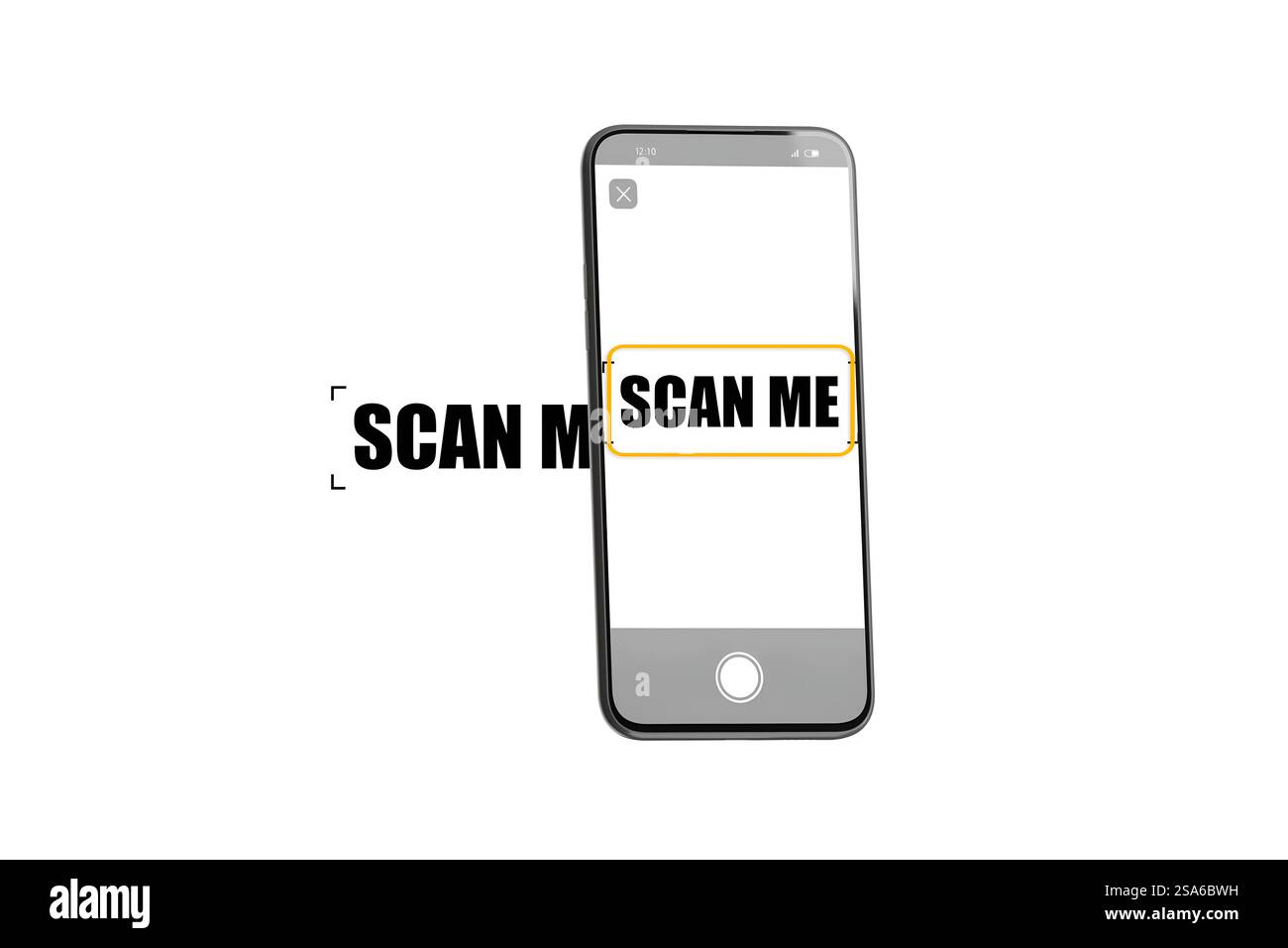 Scansione del testo sullo schermo tramite fotocamera del telefono, isolamento, rendering 3d. Connessione smartphone per la scansione senza contatto di documenti o prezzi. Applicazione dispositivo letta Foto Stock
