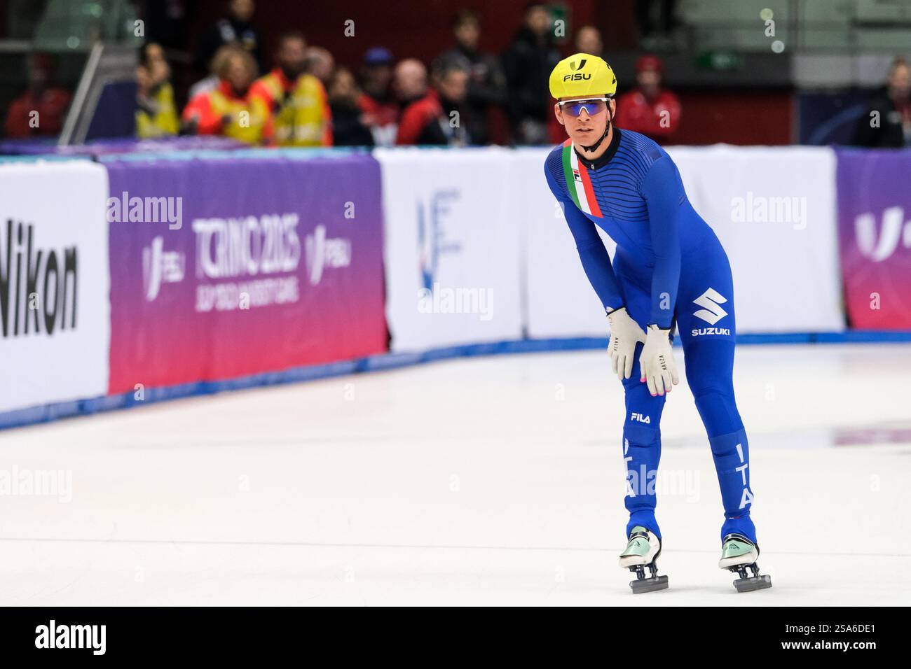 Torino, Italia. 21 gennaio 2025. Alessandro Loreggia (ITA) durante lo Short Track Speed Skating, quarti di finale maschile 1500m ai Giochi FISU 2025 World University Games Winter di Torino. (Foto di Davide di Lalla/SOPA Images/Sipa USA) credito: SIPA USA/Alamy Live News Foto Stock