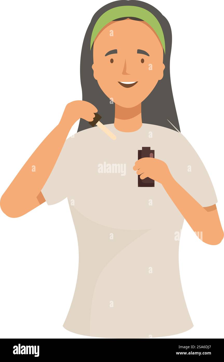 Estetista sorridente che applica olio essenziale su se stessa con il concetto di pipetta, aromaterapia e trattamento di bellezza. Estetista che applica olio essenziale su se stessa con la pipetta Illustrazione Vettoriale