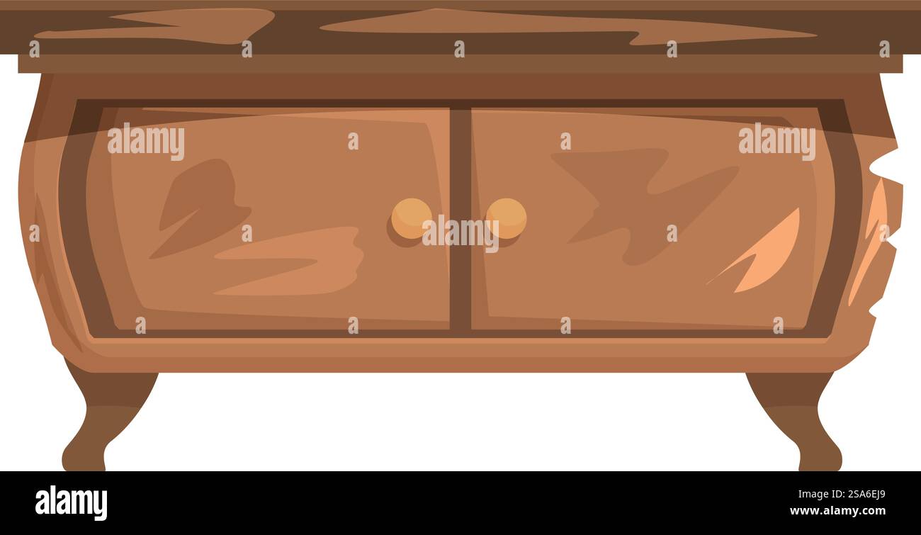 Vecchio armadio in legno con vernice scheggiata e graffi, che suggerisce un uso prolungato e un'estetica rustica. Vecchio armadietto in legno che mostra segni di età e usura Illustrazione Vettoriale