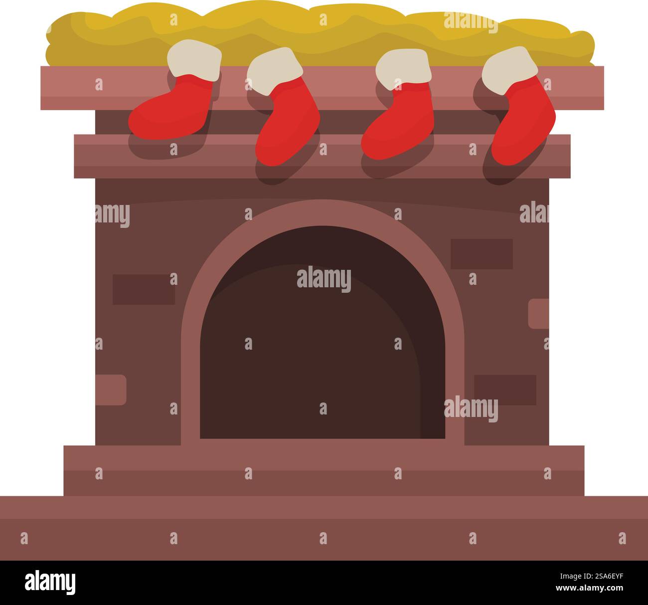 L'accogliente caminetto in mattoni attende babbo natale con regali. Caminetto in mattoni con calze natalizie appese per babbo natale Illustrazione Vettoriale