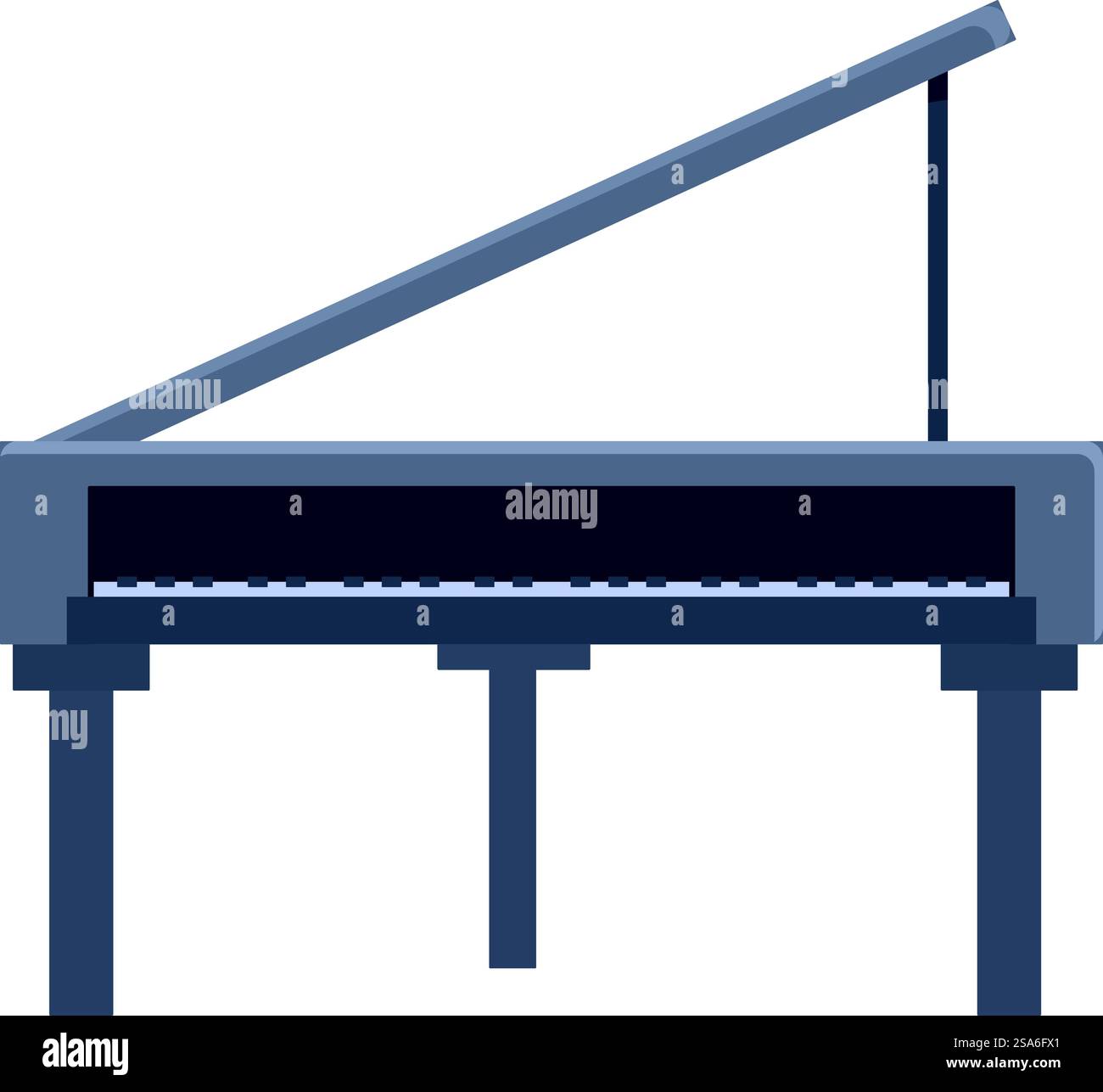 Pianoforte a coda grigio con piano aperto, classico strumento musicale per sale da concerto, scuole di musica e interni domestici. Pianoforte a coda grigio in piedi con parte superiore aperta su sfondo bianco Illustrazione Vettoriale