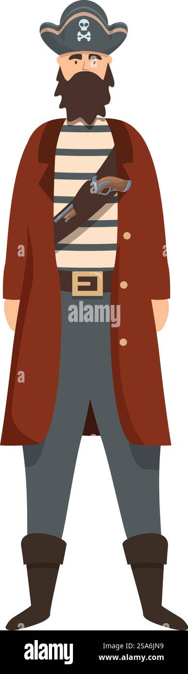 Pirata barbuto che indossa un cappello tricorno e un lungo cappotto, con una pistola in cintura. Pirata con barba che indossa un cappello tricorno e un lungo cappotto in piedi Illustrazione Vettoriale