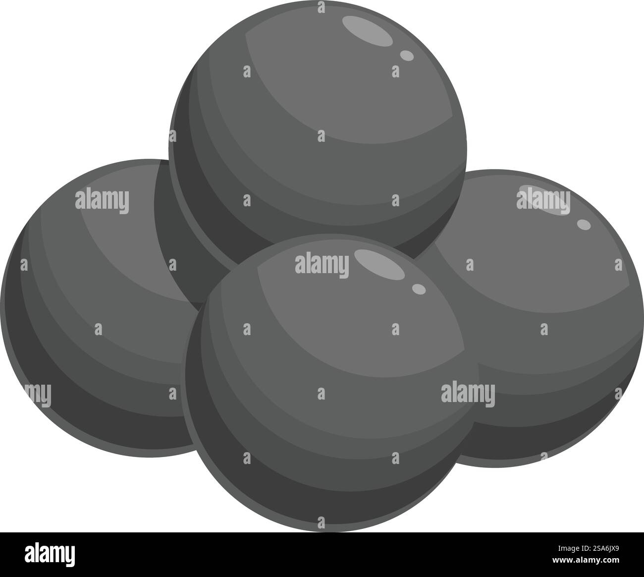 Un gruppo di cinque palle di cannone è disposto a piramide, creando un senso di potenza e stabilità. Pile di palle di cannone a forma di piramide Illustrazione Vettoriale