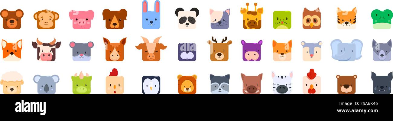 set di icone della faccia quadrata animale. Ampia collezione di volti di animali dall'aspetto amichevole nei quadrati, perfetti per qualsiasi progetto che necessiti di un tocco di freschezza. set di icone della faccia quadrata animale. Graziosi animali domestici e selvatici quadrati che posano su uno sfondo bianco Illustrazione Vettoriale