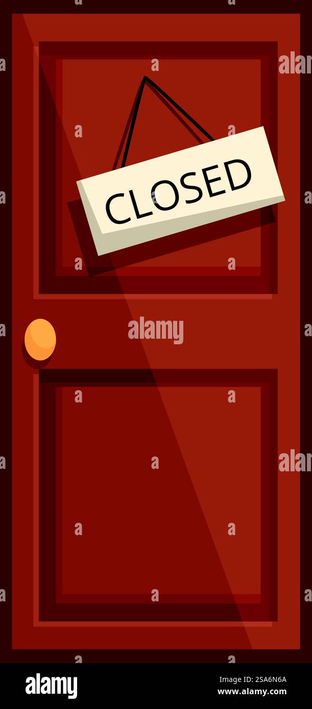 La porta chiusa mostra un cartello che dice chiuso. Porta marrone chiusa con cartello sospeso che dice chiuso Illustrazione Vettoriale