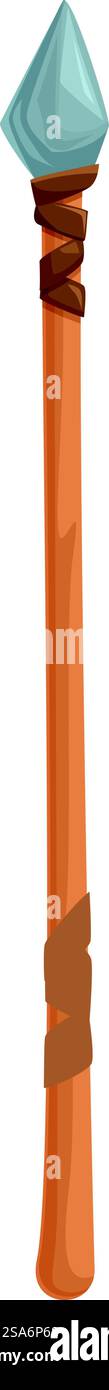 Semplice illustrazione di un cartone animato di una lancia di legno primitiva con una punta di pietra affilata, pronta per la caccia o la difesa. Lancia di legno primitiva con punta in pietra per la caccia Illustrazione Vettoriale