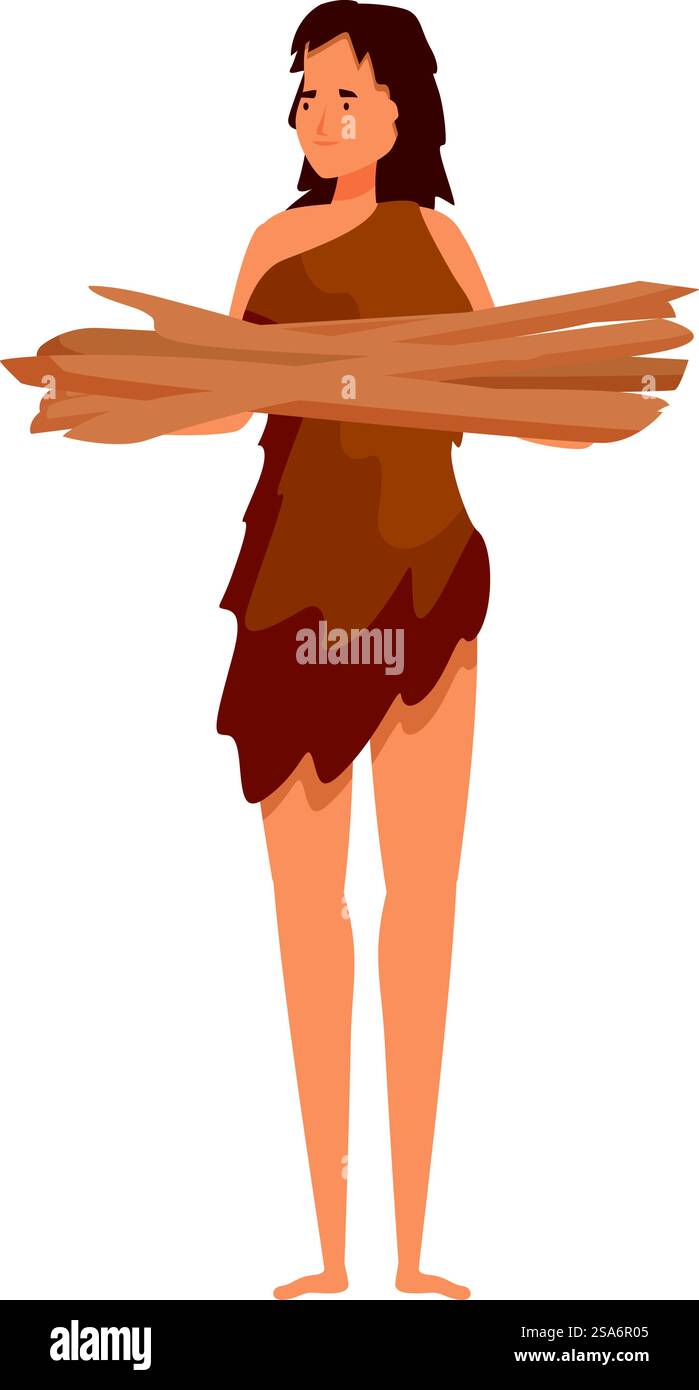 Una donna preistorica porta la legna, pronta a dare fuoco. Donna primitiva che porta legna per il fuoco, carattere dell'età della pietra Illustrazione Vettoriale