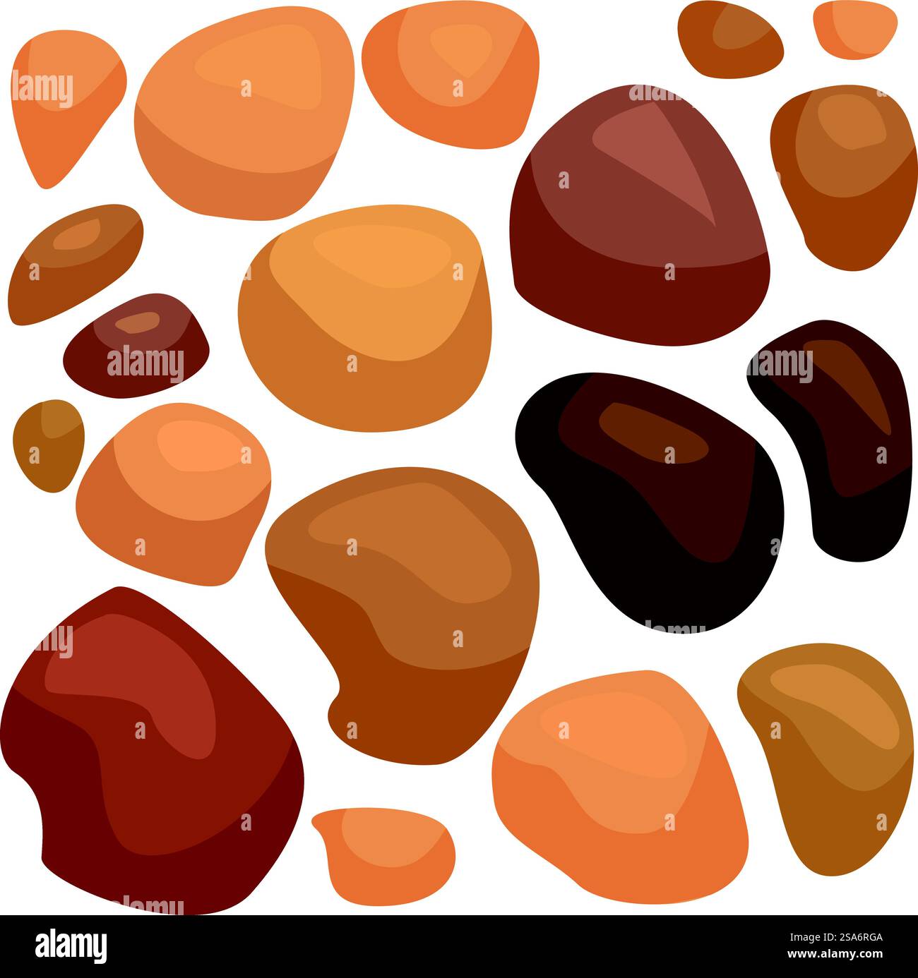 Illustrazione con una serie di pietre marroni lisce su sfondo bianco. Set di pietre marroni lisce su sfondo bianco Illustrazione Vettoriale