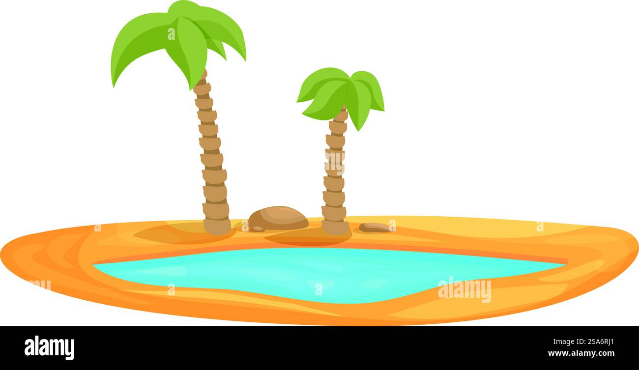 Due palme che crescono vicino all'oasi nel deserto con acqua e sabbia. Oasi con acqua e palme che crescono nelle vicinanze Illustrazione Vettoriale