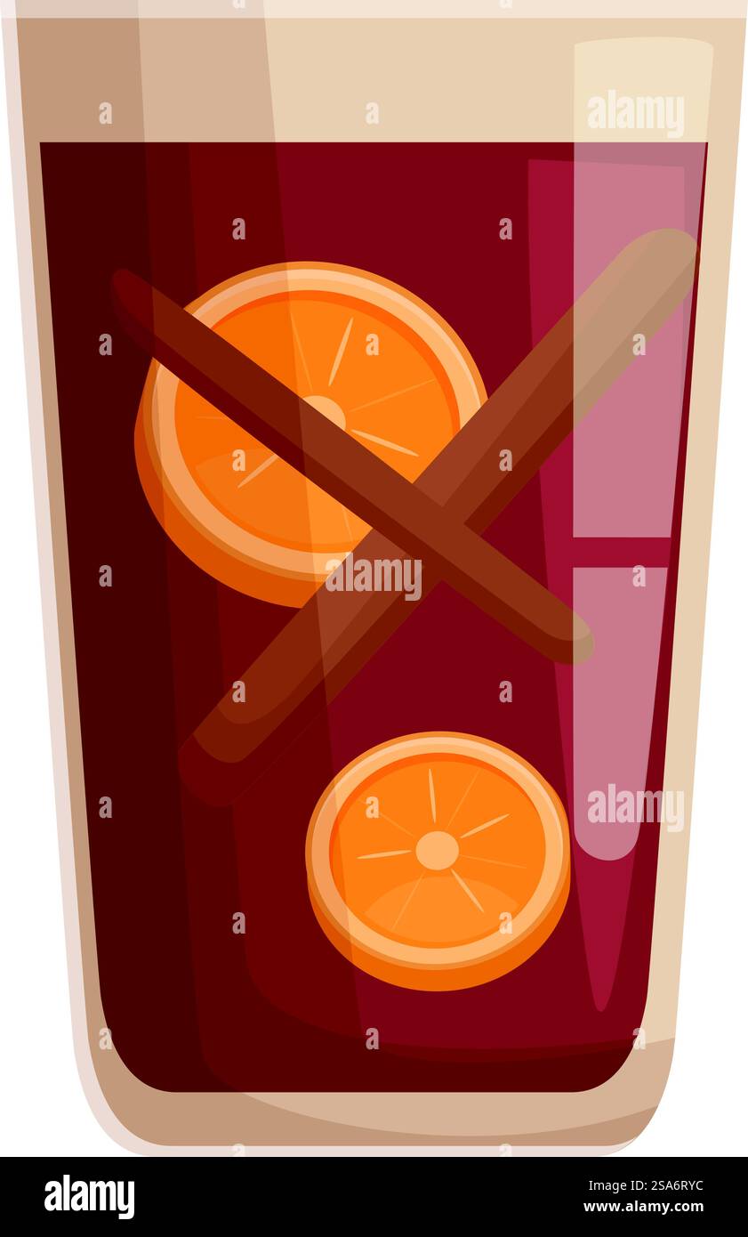 Bicchiere di VIN brulé con bastoncini di cannella e fette di arancia, perfetto per una serata invernale accogliente. Il VIN brulé aromatico si prepara con spezie e fette d'arancia Illustrazione Vettoriale