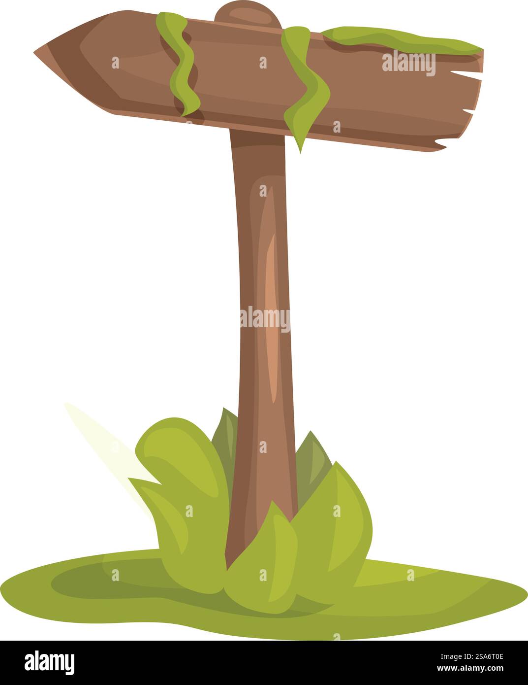 Vecchio cartello bianco in legno ricoperto di muschio verde in piedi sull'erba, che indica la strada. Vecchio cartello bianco in legno ricoperto di muschio verde in piedi sull'erba Illustrazione Vettoriale