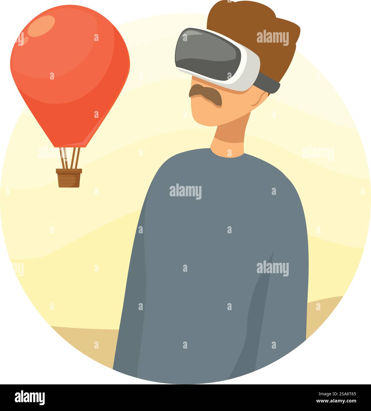 Uomo che indossa un visore per la realtà virtuale che prova un giro in mongolfiera. Uomo che si sta godendo un giro simulato in mongolfiera con un visore vr Illustrazione Vettoriale