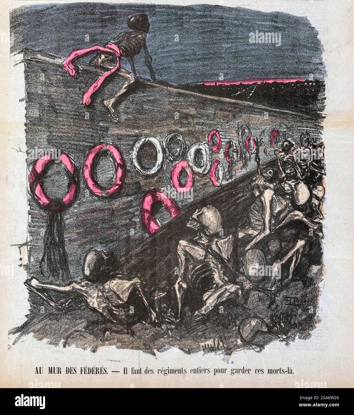 I comunardi giustiziati nel cimitero di Père Lachaise stanno uscendo dalla loro tomba comune. Uno di loro ha già raggiunto la cima del muro dei comuni, adornato di corone funerarie in loro memoria, e si trova a cavallo della cresta, guardando verso la città le cui luci si possono vedere in lontananza. Pubblicato: 1893-1894 Foto Stock